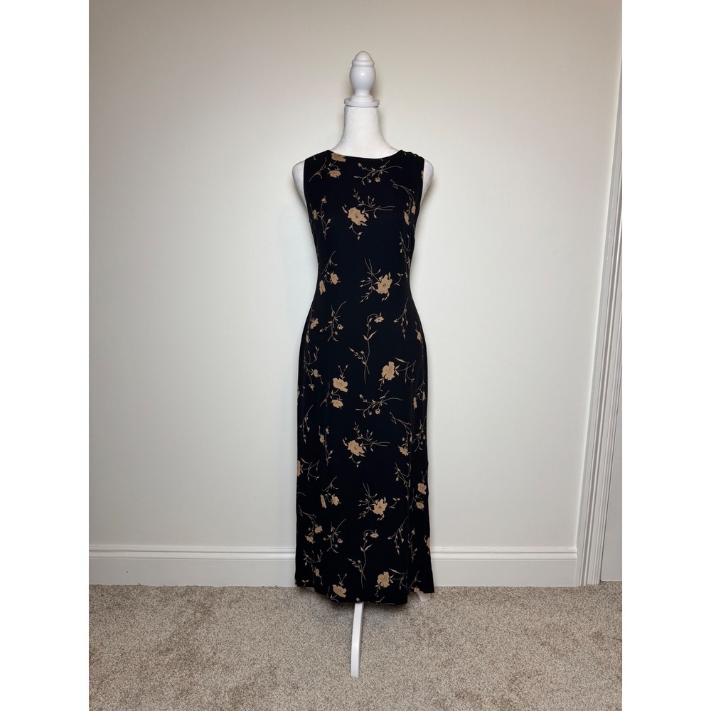 Petite Sophisticate Silk Floral Midi Dress Size 4 Black 90s Vintage